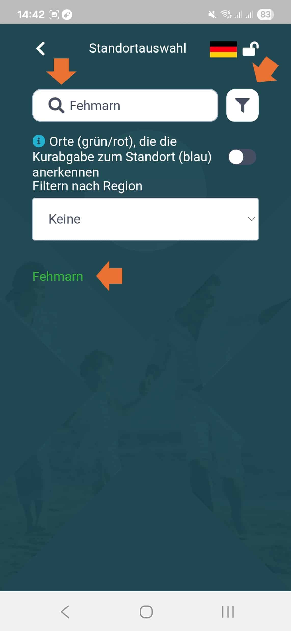 2. Fehmarn eingeben und dann auf das Filtersysmbol klicken. Danach das in grün geschriebene Fehmarn anklicken