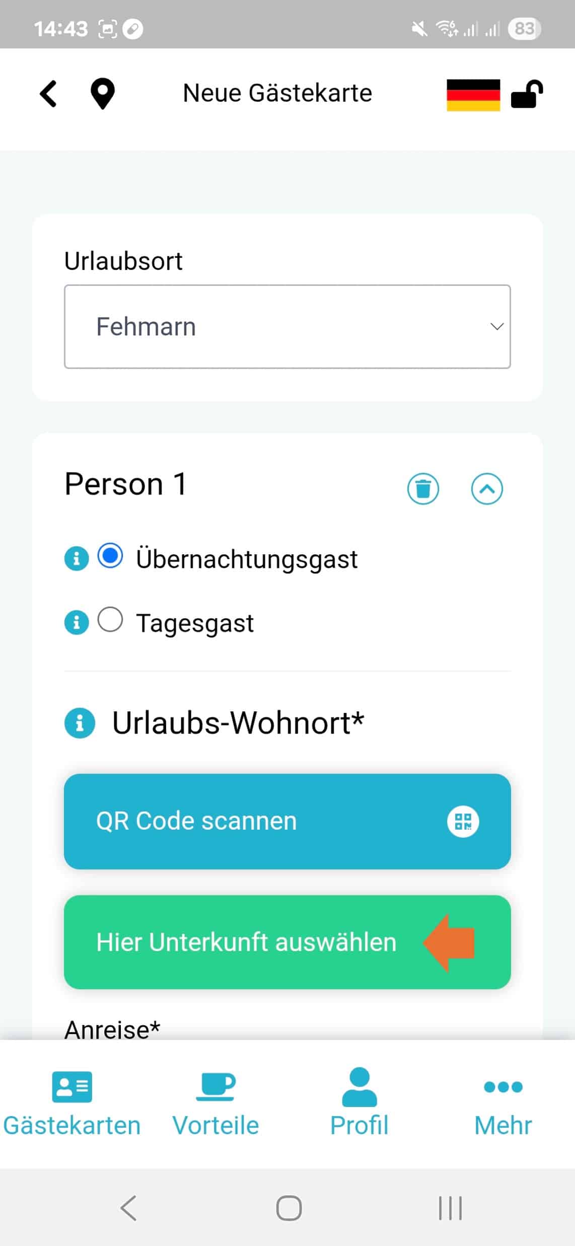 4. Klicken Sie auf "Hier Unterkunft auswählen"