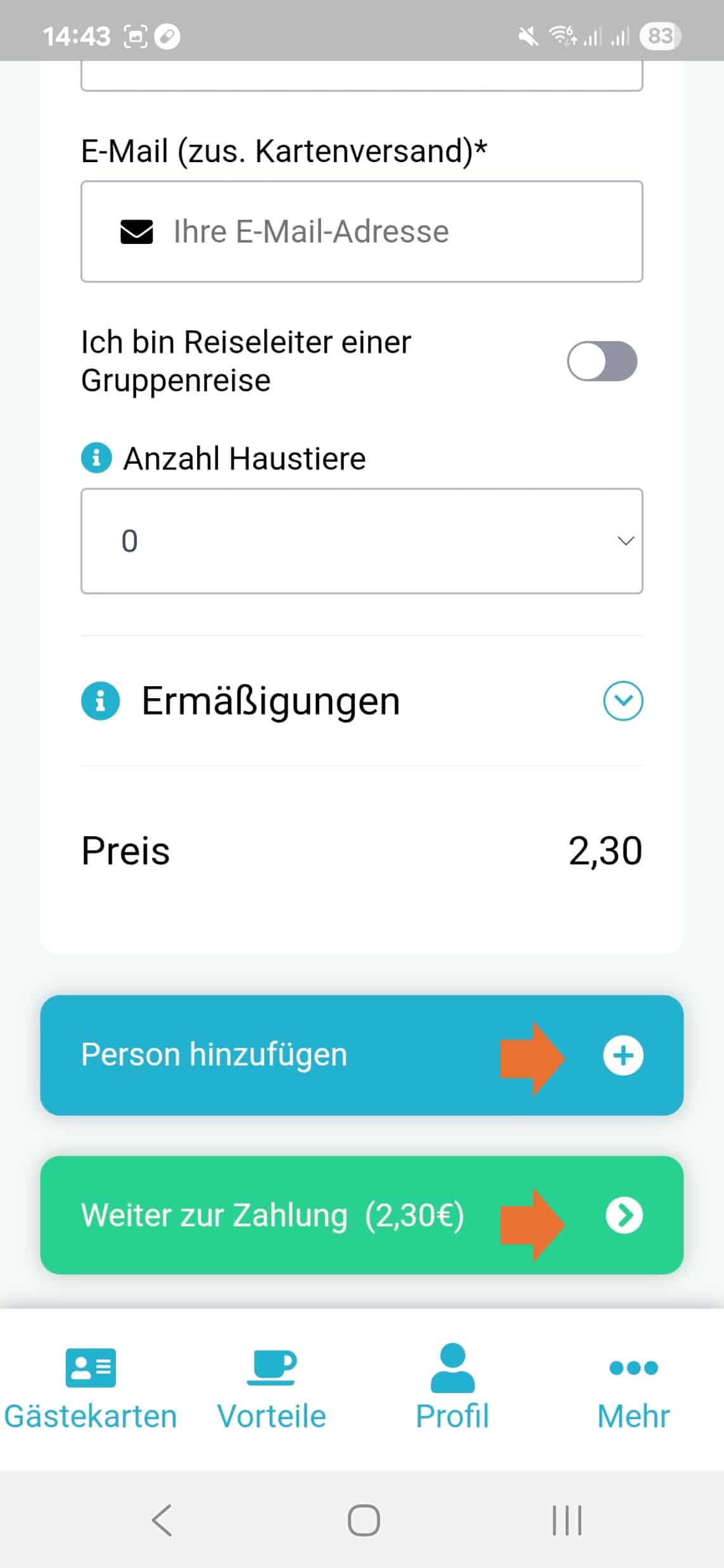 6. Nach der Eingabe ihrer Daten können Sie unten weitere Personen hinzufügen oder weiter zur Zahlung